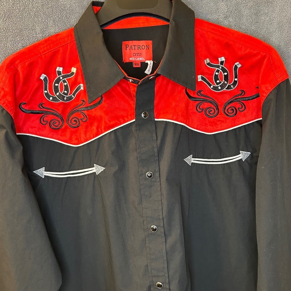 Patron Cito Red Label Mens XXL Western Snap Shirt Horseshoe Embroidery Red Black